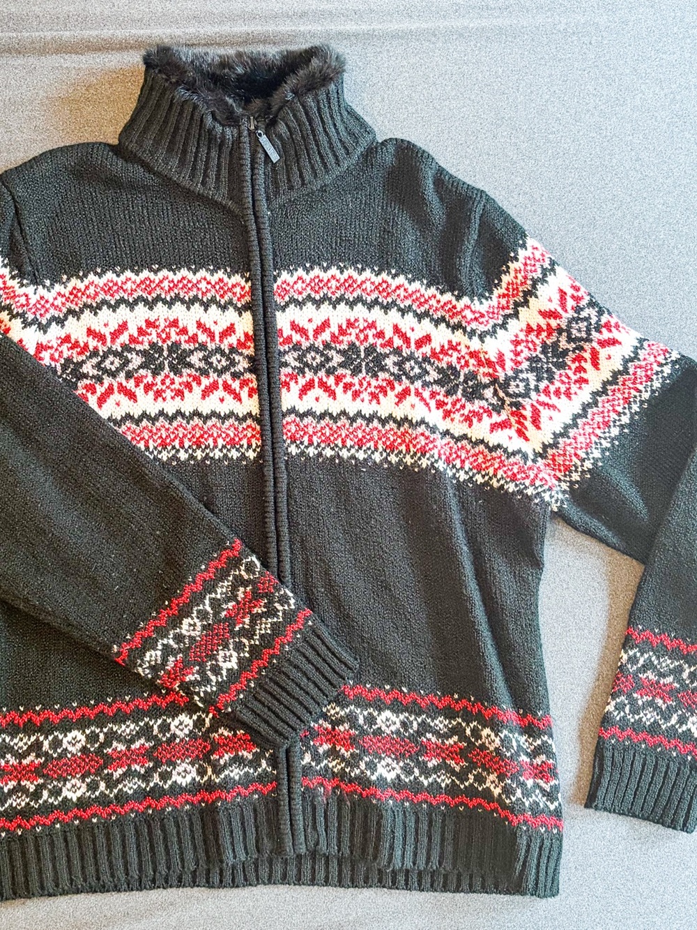 Vintage Fair Isle Sweater SIZE XL by Carolyn Taylor Cozy Faux Fur and Zipper